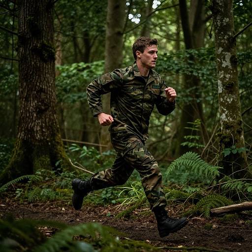 Photograph of a young, fit man in camouflage military uniform running through a dense, green forest with ferns and trees.