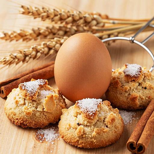 Photograph of three sugar-dusted, golden-brown spice cakes with a brown egg in the center, surrounded by cinnamon sticks and wheat stalks on