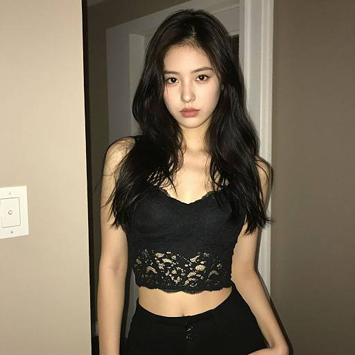 Photograph of an Asian woman with long black hair, wearing a black lace crop top and high-waisted black pants, standing in a dimly