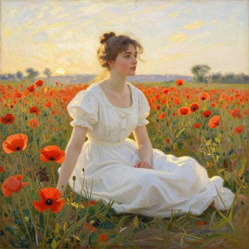 Painting of a fair-skinned woman with brown hair in a white dress, seated in a vibrant red poppy field at sunset.