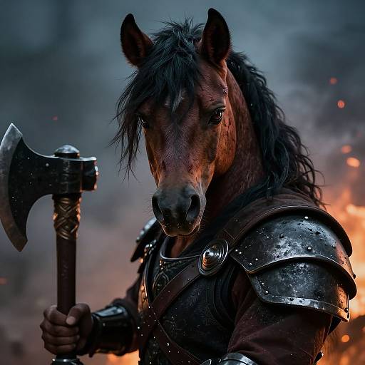 Digital fantasy artwork of a fierce, armored horse warrior holding an axe, standing amidst fiery chaos with smoky background.