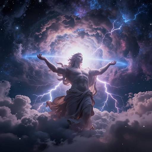Digital artwork of a radiant, muscular, classical-style male deity with outstretched arms, surrounded by electric lightning and celestial clouds, standing atop a bright