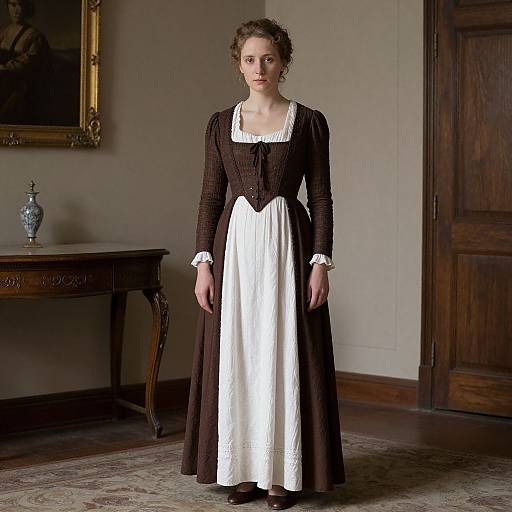 Photograph of a young woman with curly brown hair, wearing a Victorian-era brown dress with white apron, standing in a dimly lit, elegant