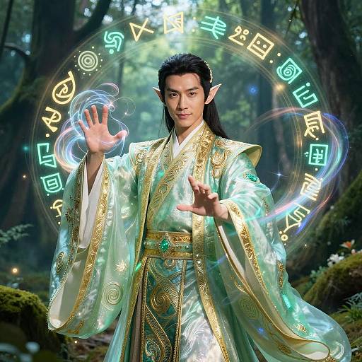 Digital artwork of an Asian elf with long black hair, wearing a green and gold ornate robe, casting magical runes in a forest. Glowing symbols