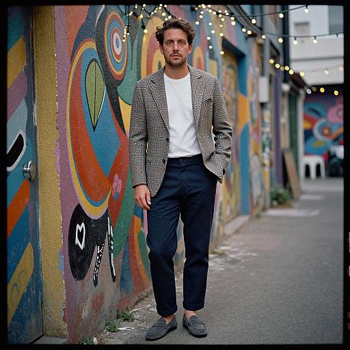 Photograph of a bearded man with tousled hair, wearing a checkered blazer, white t-shirt, and black pants, standing on a