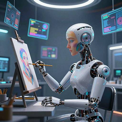 Photorealistic CGI of a white, robotic humanoid artist painting a colorful portrait on an easel in a high-tech, futuristic studio.