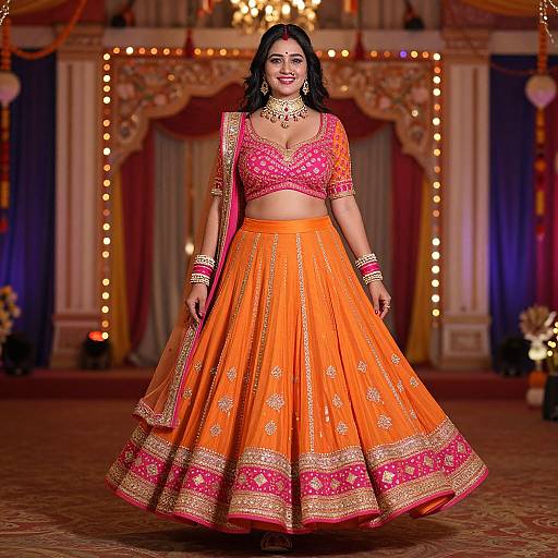 Photograph of a smiling South Asian woman in a bright orange traditional lehenga with pink and gold embroidery, standing confidently on a stage with warm, festive