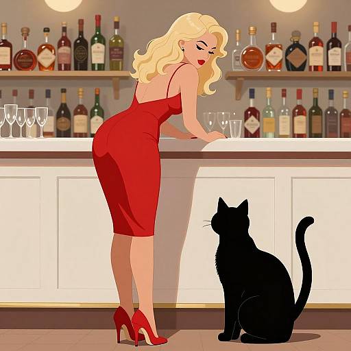Blonde Woman in Red Dress with Black Cat at Bar