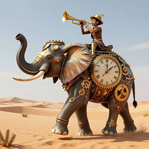 Digital artwork of a steampunk elephant with gears and clock, ridden by a black woman in a hat playing a trumpet in a desert.