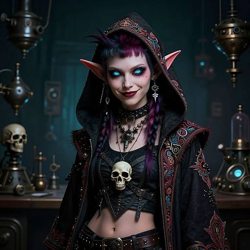 Digital art of a pale-skinned, blue-eyed elf woman with purple hair, pointed ears, black hooded cloak, skull necklace, and dark makeup