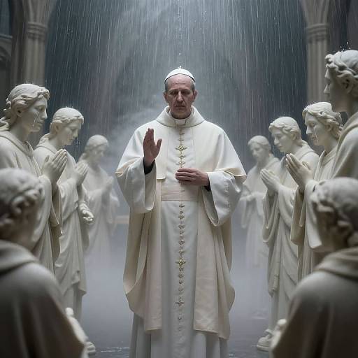 Photograph of Pope Benedict XVI in white robes, standing under rain, surrounded by white marble statues in a misty, arched setting.