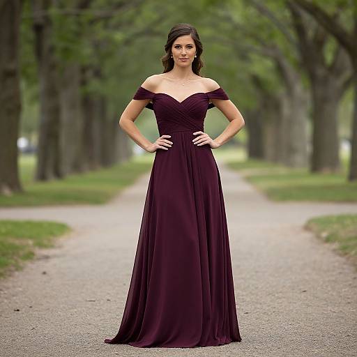 Photograph of a woman with dark hair, standing on a tree-lined path in a deep purple off-the-shoulder evening gown, hands on hips
