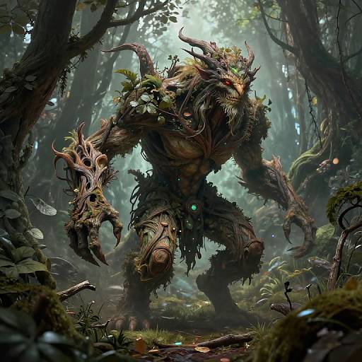 Digital fantasy artwork of a grotesque, horned, moss-covered forest monster with twisted limbs and glowing eyes, amidst a misty, enchanted forest.