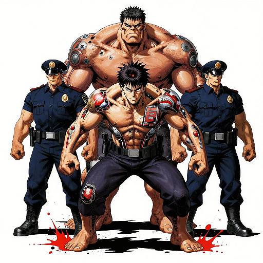Digital anime artwork of a muscular, shirtless man with spiky black hair, bleeding tattoos, and police officers in uniform behind him. Blood splatters
