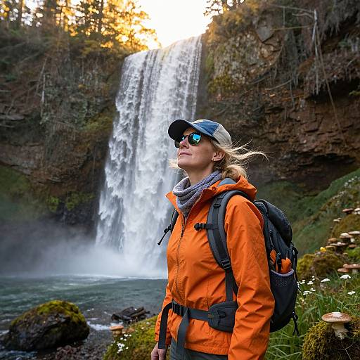 Photograph of a blonde woman in an orange hiking jacket and black backpack, standing before a cascading waterfall in a forest. She wears a blue cap