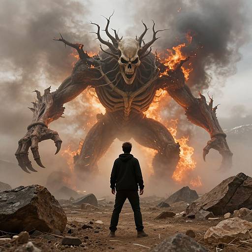 Photograph of a fiery, monstrous creature with sharp claws and a skeletal face, looming over a standing man in black clothes in a rocky, burning landscape