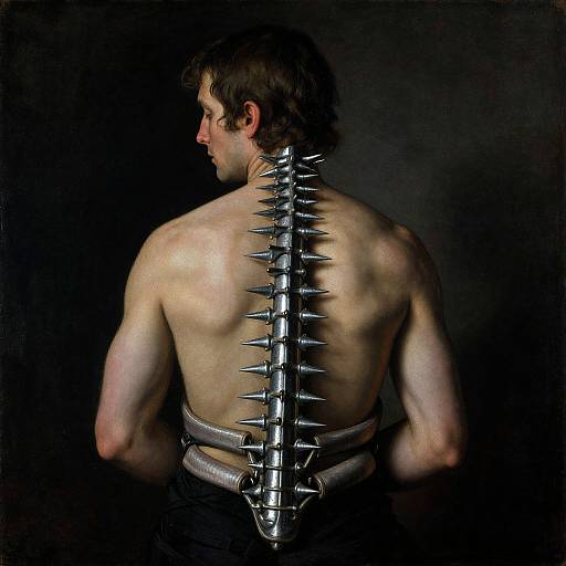 Photograph of a muscular, shirtless man with a spiked metal spine, wearing black pants and a silver belt, facing away against a dark background.