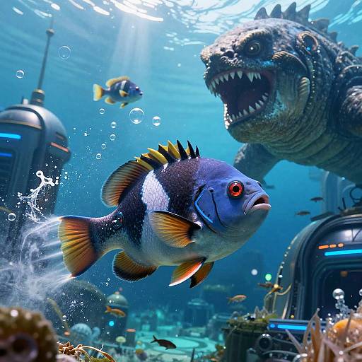 Photograph of a vibrant underwater scene with a blue-and-black angelfish, red-eyed, swimming near a roaring, detailed robotic shark, surrounded by