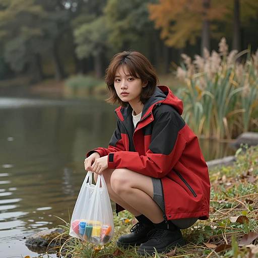 Autumn Lakeside Scene with Young Woman