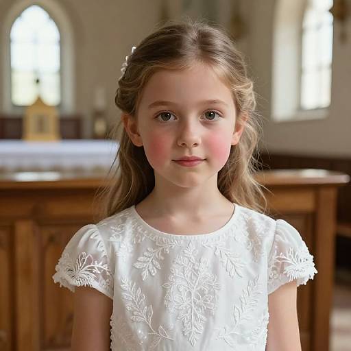 Photograph of a young Caucasian girl with light brown hair, wearing a white lace dress, standing in a softly lit church.
