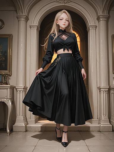 Digital artwork of a blonde woman in a black, gothic-style crop top and long skirt, standing in an ornate, classical archway.