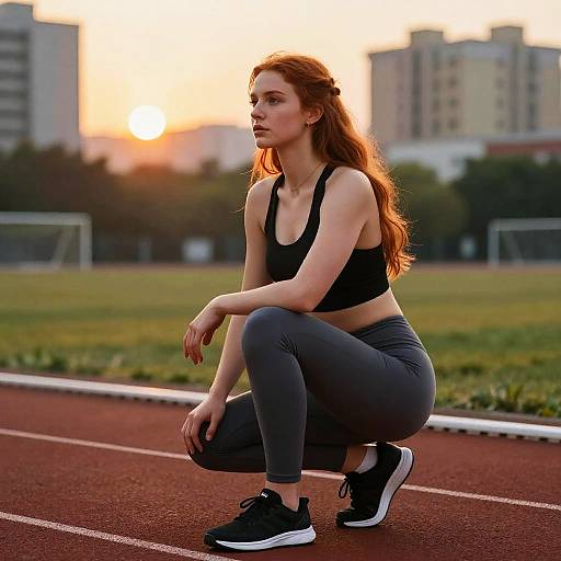 Fit Woman Squatting on Sunset Track