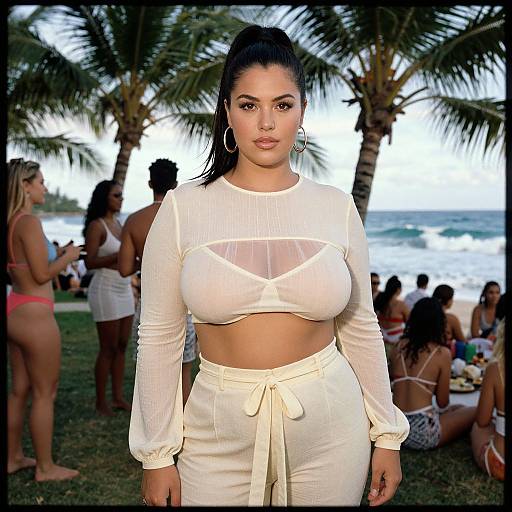 Photograph of a curvy Latina woman with dark hair in a white, sheer crop top and high-waisted pants, standing on a tropical beach
