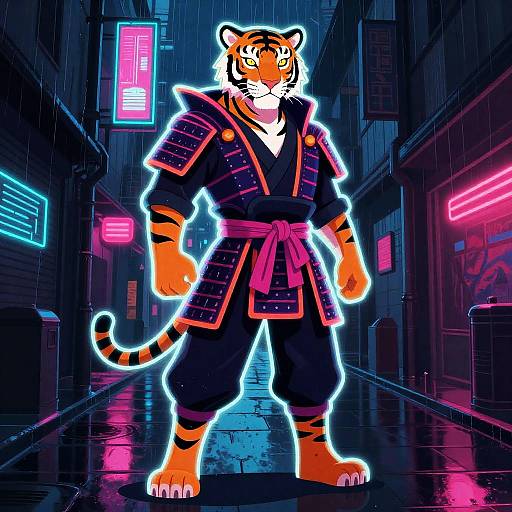 Neon Samurai Tiger in Cyberpunk Alley