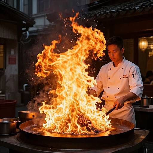 Photograph of an Asian male chef in a white uniform, standing beside a large, roaring open flame grill outdoors at night.