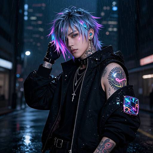 Cyberpunk-style photograph: Pale-skinned, blue-purple spiked-haired individual in black jacket, neon tattoos, and gloves, standing in rainy urban street