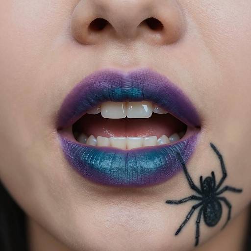 Close-Up of Lips with Purple and Teal Lipstick and Spider Tattoo