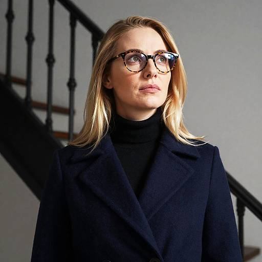 Blonde Woman in Dark Blue Coat with Glasses