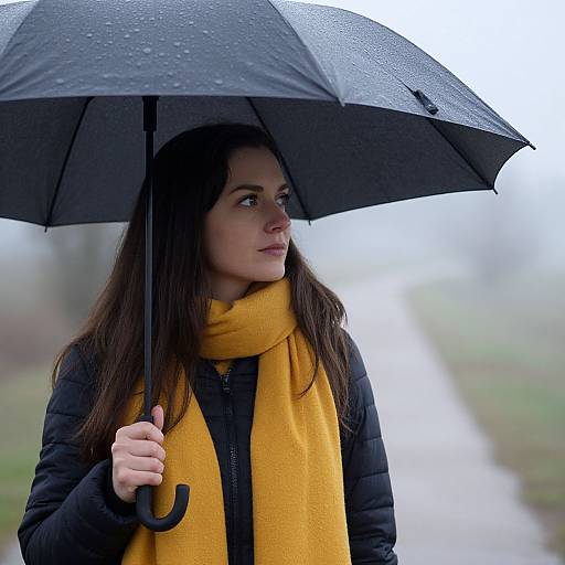 Photograph of a young woman with long brown hair, wearing a black jacket and yellow scarf, holding a black umbrella on a rainy day, gazing