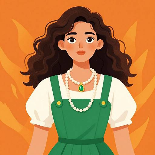 Digital illustration of a smiling woman with wavy brown hair, wearing a green pinafore dress, white blouse, pearl necklace, and green gem necklace