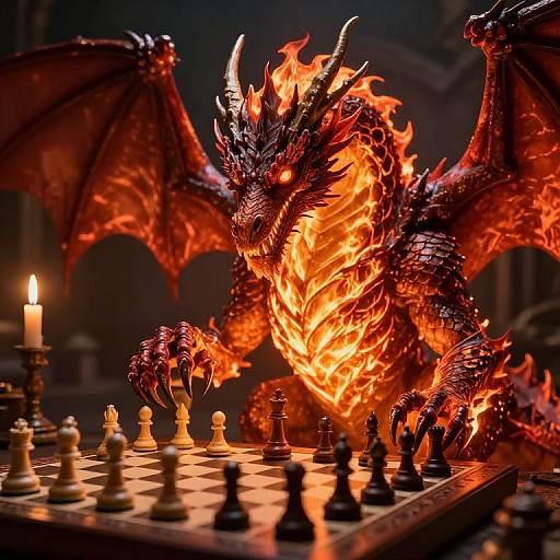 Photorealistic CGI: A fiery, red-scaled dragon with glowing eyes and wings looms over a chessboard, surrounded by burning candles in a