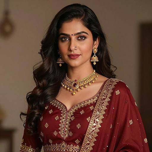 Indian Woman in Maroon Lehenga with Gold Jewelry