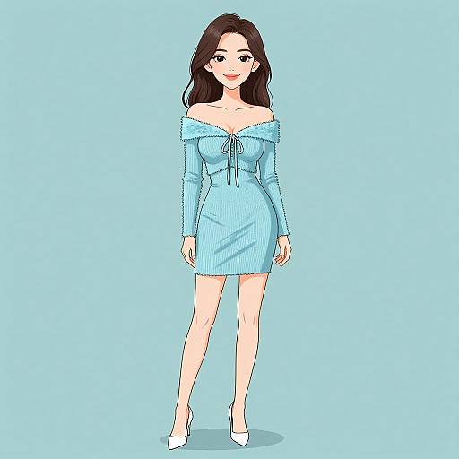 Digital illustration of a smiling woman with long brown hair in an off-shoulder, light blue, ribbed dress and white heels, standing against a