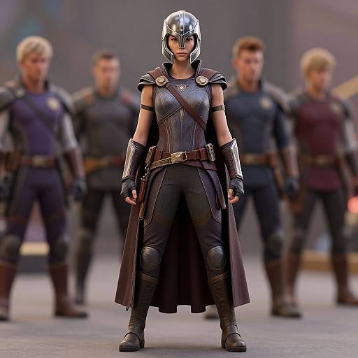 CGI image of a muscular, armored woman in a silver helmet, standing confidently in front of four blurred, similarly dressed men.
