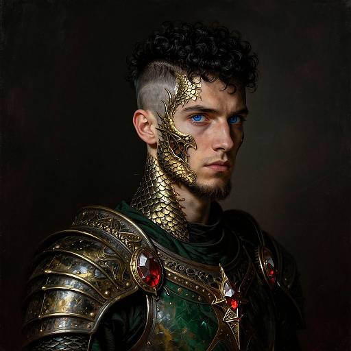 Photograph of a curly-haired man with blue eyes, wearing elaborate medieval armor with gold and red accents, against a dark background.