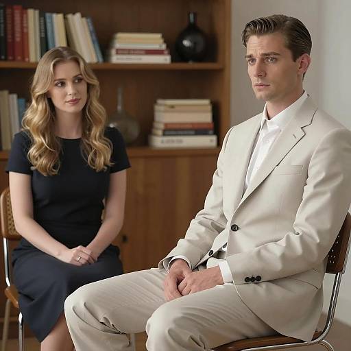 Man and Woman in Room with Bookshelf