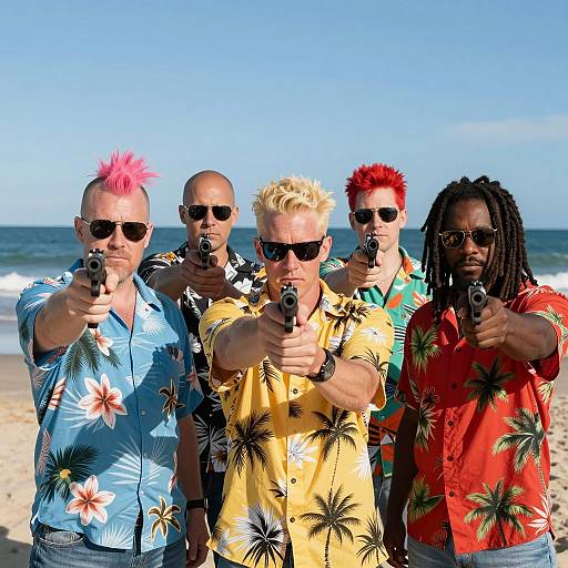 Men Pointing Guns at Beach in Hawaiian Shirts