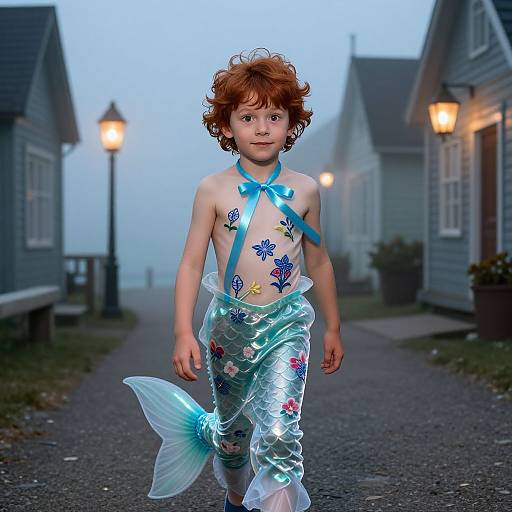 Boy in Mermaid Costume at Twilight
