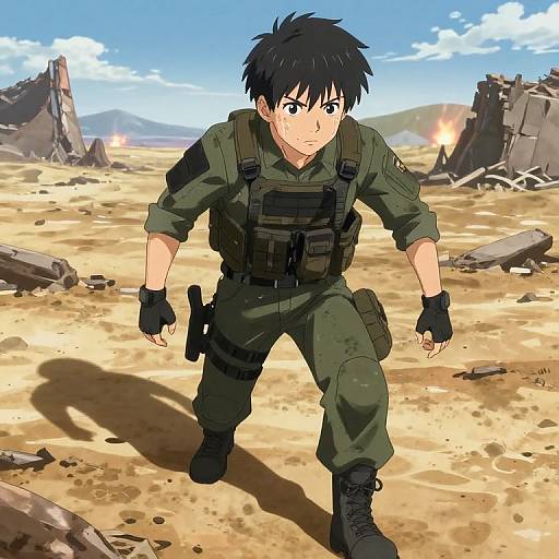 Anime-style digital illustration of a determined young soldier with black spiky hair, wearing green camouflage outfit, tactical vest, and gloves, walking through a sun