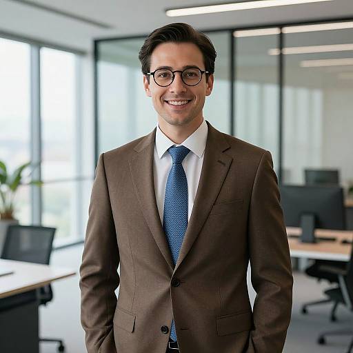 Photograph of a smiling man with dark hair, black-rimmed glasses, brown suit, white shirt, blue tie, standing in a modern,