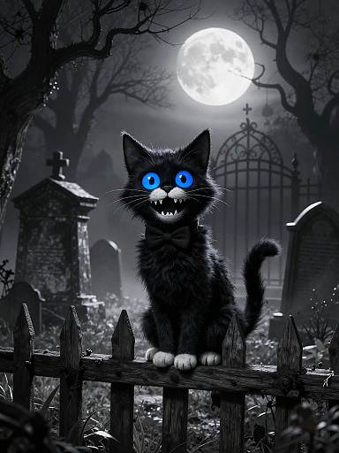 Whimsical Spooky Cat in Graveyard