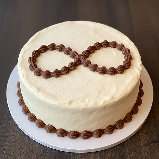 Photograph of a round white cake with heart-shaped chocolate piping on top and bottom, set on a white plate against a dark wooden table.
