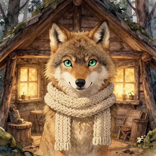 Digital painting of a cute, anthropomorphic wolf with green eyes, wearing a thick white scarf, standing in front of a warm, wooden cottage in a