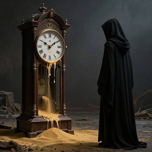 Photograph: Dark-robed figure with hooded cloak stands silently beside a glowing, antique clock with dripping golden wax on sandy ground.