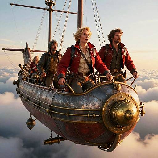 Photograph of three steampunk adventurers in a metal airship with brass accents, soaring above fluffy clouds at sunset.