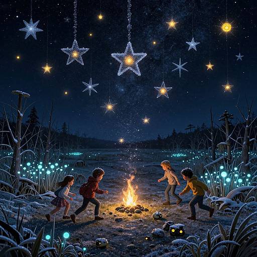 Nighttime winter scene: four children dancing around a campfire, surrounded by glowing lights, star-shaped lanterns, and snow-covered grass.
